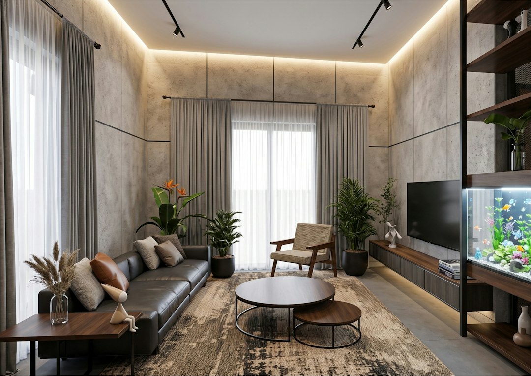 Home aquarium fish tank in a living room next to a leather sofa